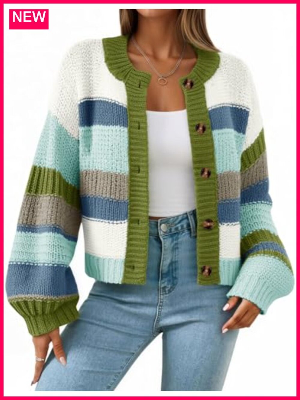 Oversized Striped Chunky Cardigan Sweater with Button Down Front and Lantern